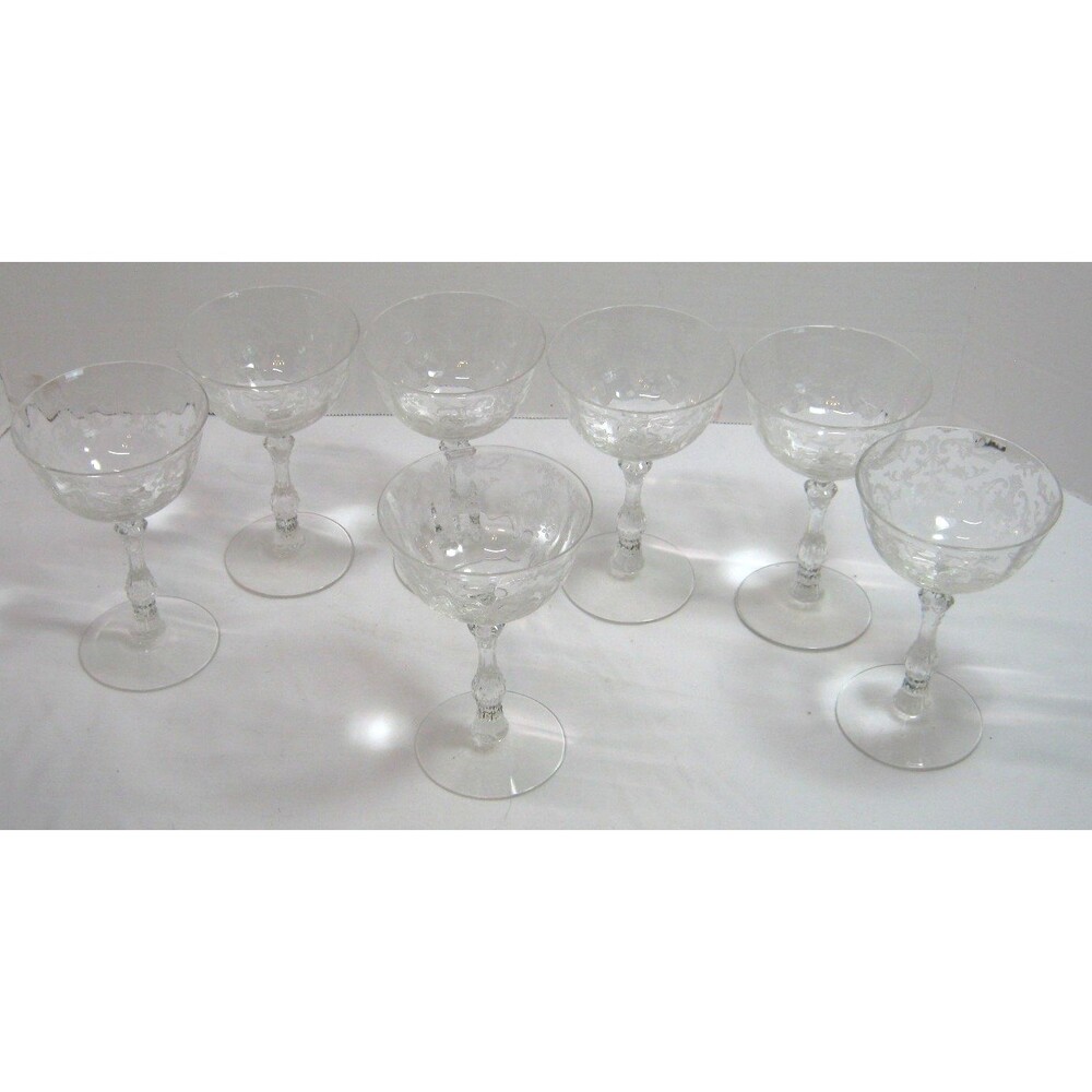 7 Etched Clear Champagne Sherbet Saucer Glasses (possible of being Chrystal)